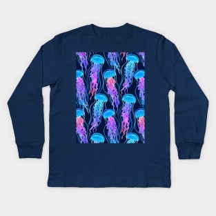 Luminescent Rainbow Jellyfish on Navy Blue Kids Long Sleeve T-Shirt